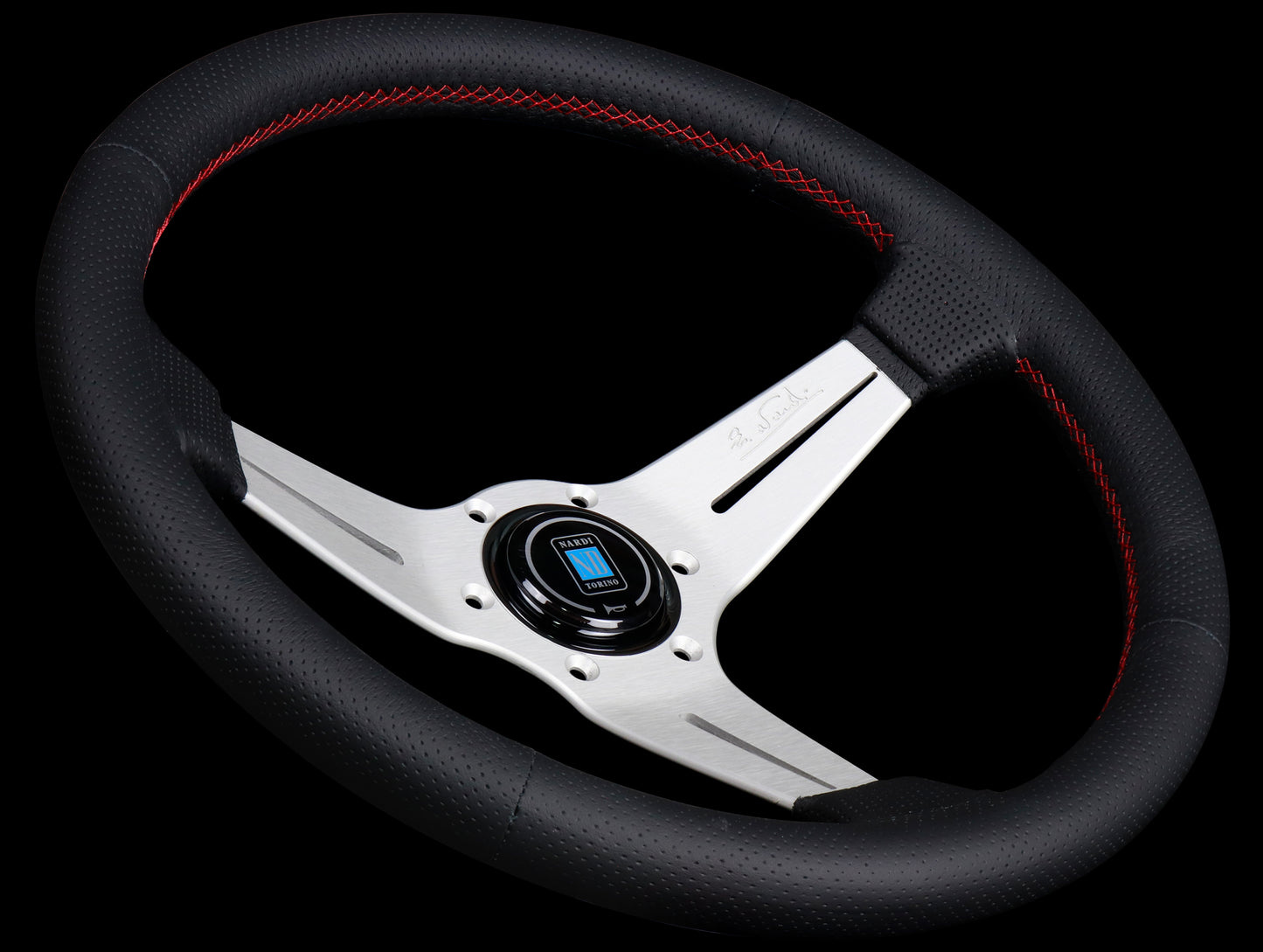 Nardi Deep Corn Sport Rally Steering Wheel w/ Silver Spokes - 350mm Perforated Leather / Red Stitch