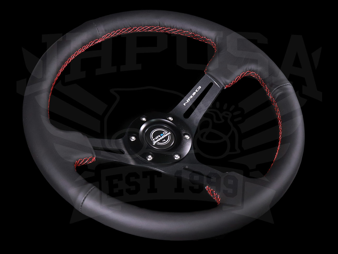 NRG Reinforced Sport Steering Wheel - 350mm Black Leather / Red Stitch