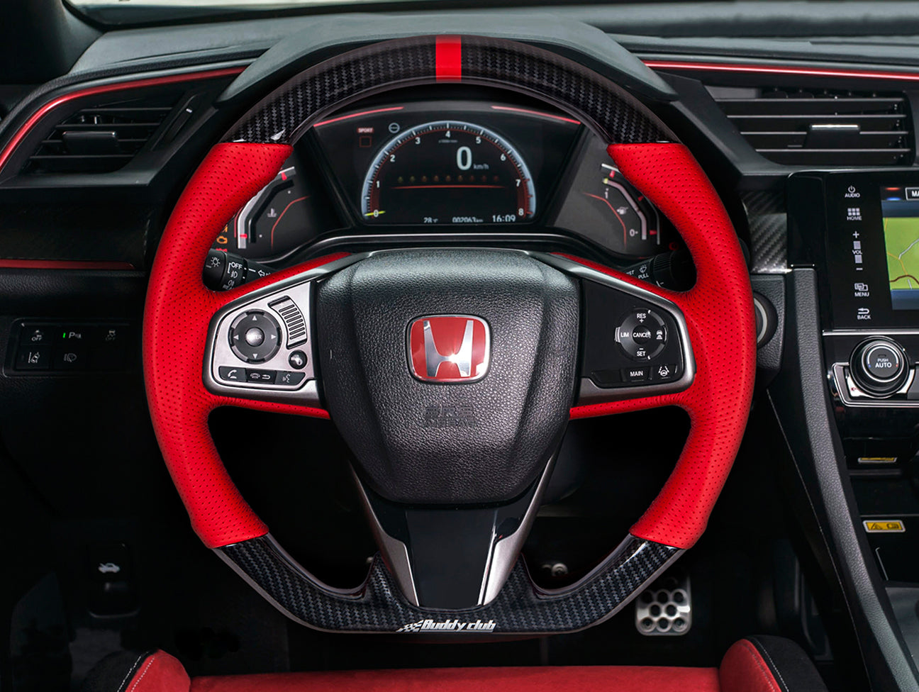Buddy Club Racing Spec Carbon Red Steering Wheel - 16-21 Civic / 17-21 Civic Type-R FK8