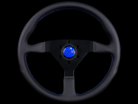 Momo Monte Carlo Steering Wheel - Black Leather w/ Blue Stitch