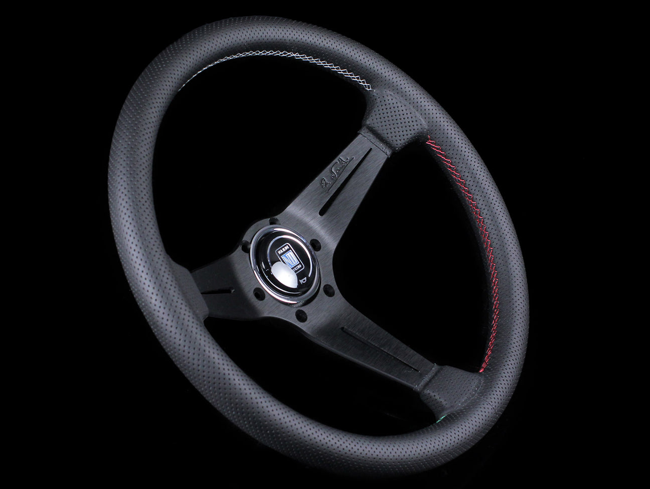 Nardi Sport Rally Deep Corn Quad Steering Wheel - Black Perforated / Red/Green/White Stitch