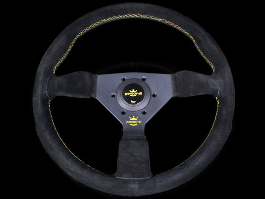 Personal Grinta 350mm Steering Wheel - Black Suede / Yellow Stitch & Logo