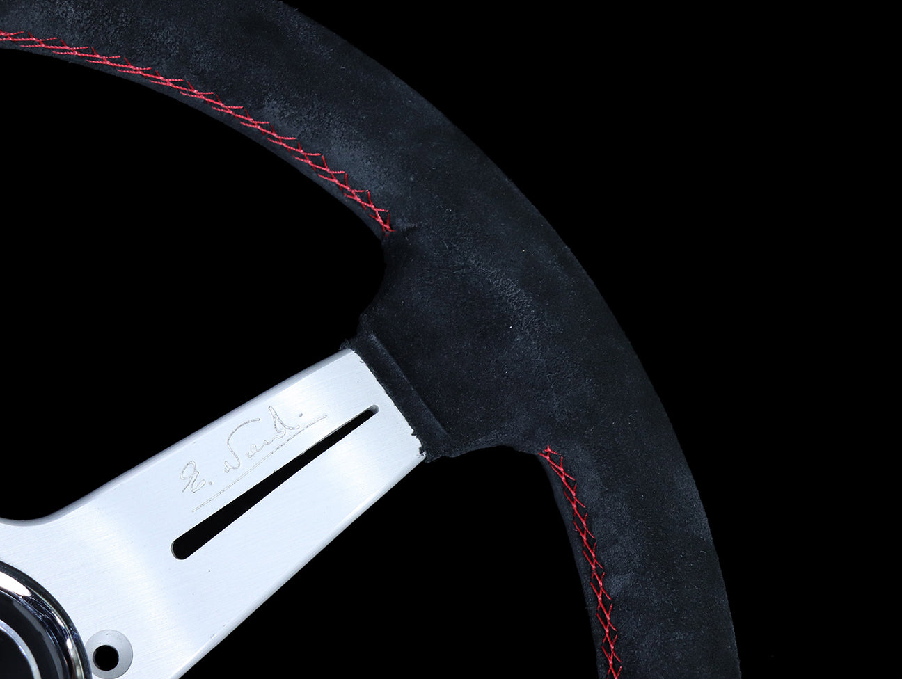 Nardi Deep Corn Sport Rally Steering Wheel w/ Silver Spokes - 330mm Black Suede / Red Stitch