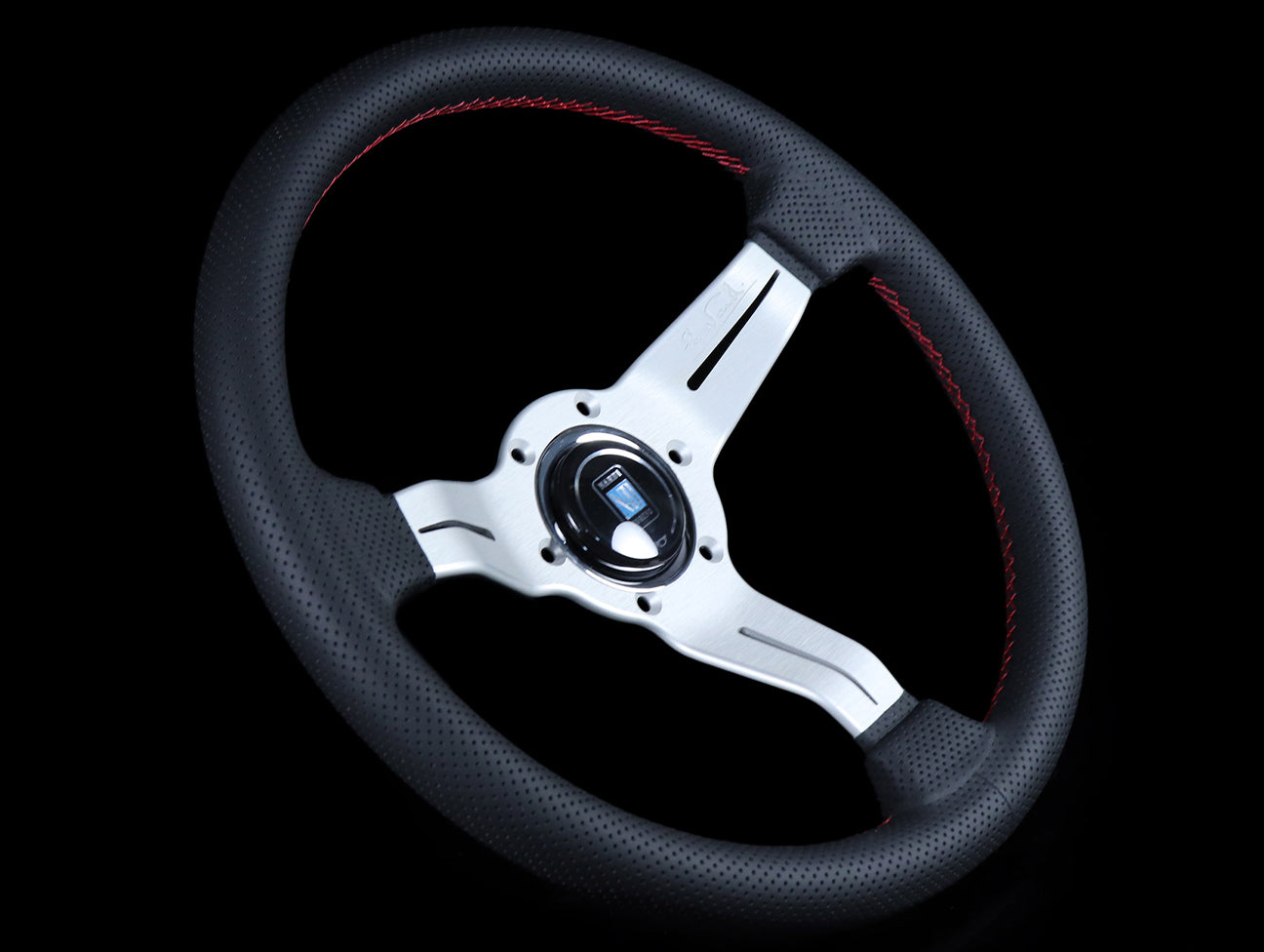 Nardi Deep Corn Sport Rally Steering Wheel w/ Silver Spokes - 330mm Perforated Leather / Red Stitch