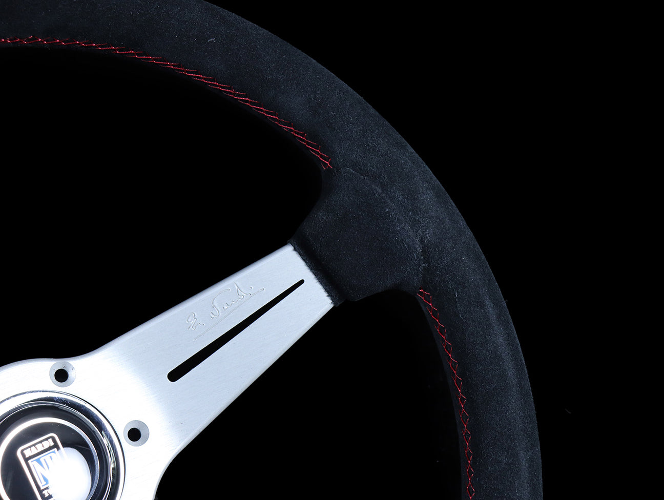 Nardi Deep Corn Sport Rally Steering Wheel w/ Silver Spokes - 350mm Black Suede / Red Stitch