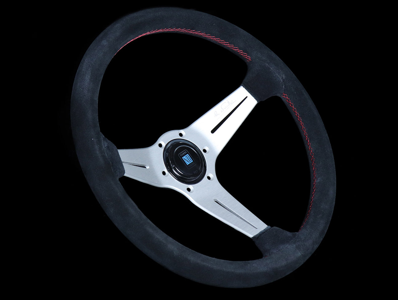 Nardi Deep Corn Sport Rally Steering Wheel w/ Silver Spokes - 350mm Black Suede / Red Stitch