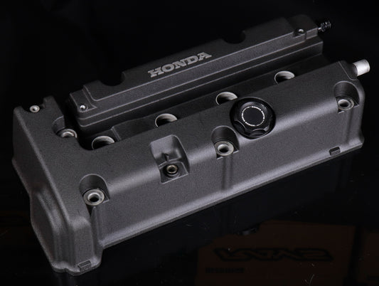 Honda OEM K-Series Valve Cover w/AN Fitting and Skunk2 Oil Cap - Wrinkle Black (Used)