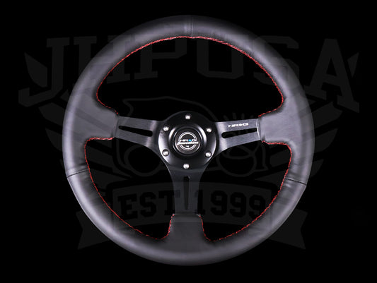 NRG Reinforced Sport Steering Wheel - 350mm Black Leather / Red Stitch