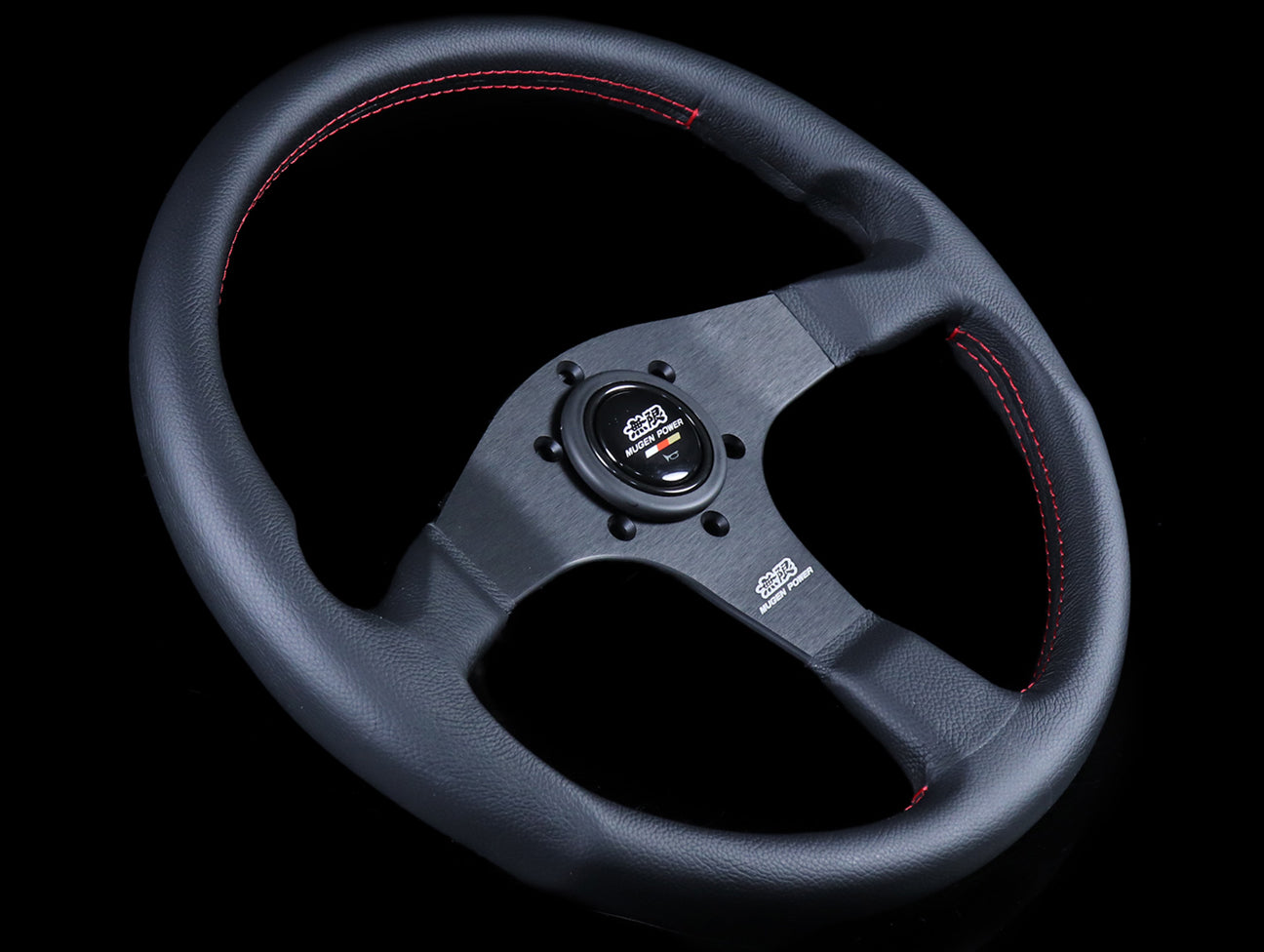 Mugen 350mm Racing 3 Steering Wheel - Black Leather / Red Stitch