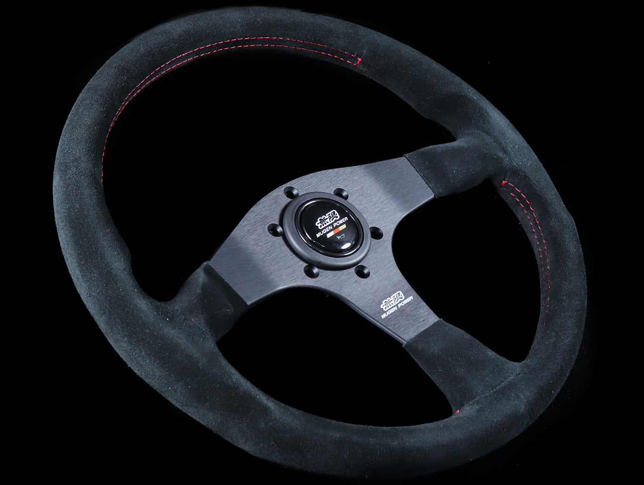 Mugen 350mm Racing 3 Steering Wheel - Black Suede / Red Stitch