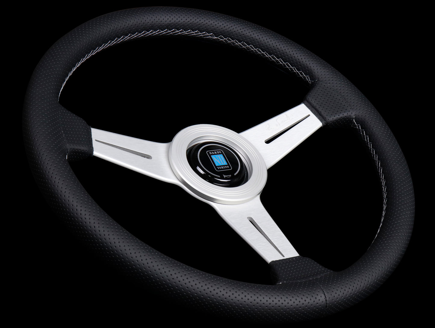 Nardi Classic 340mm Steering Wheel - Black Perforated Leather / Silver Spokes / Grey Stitch