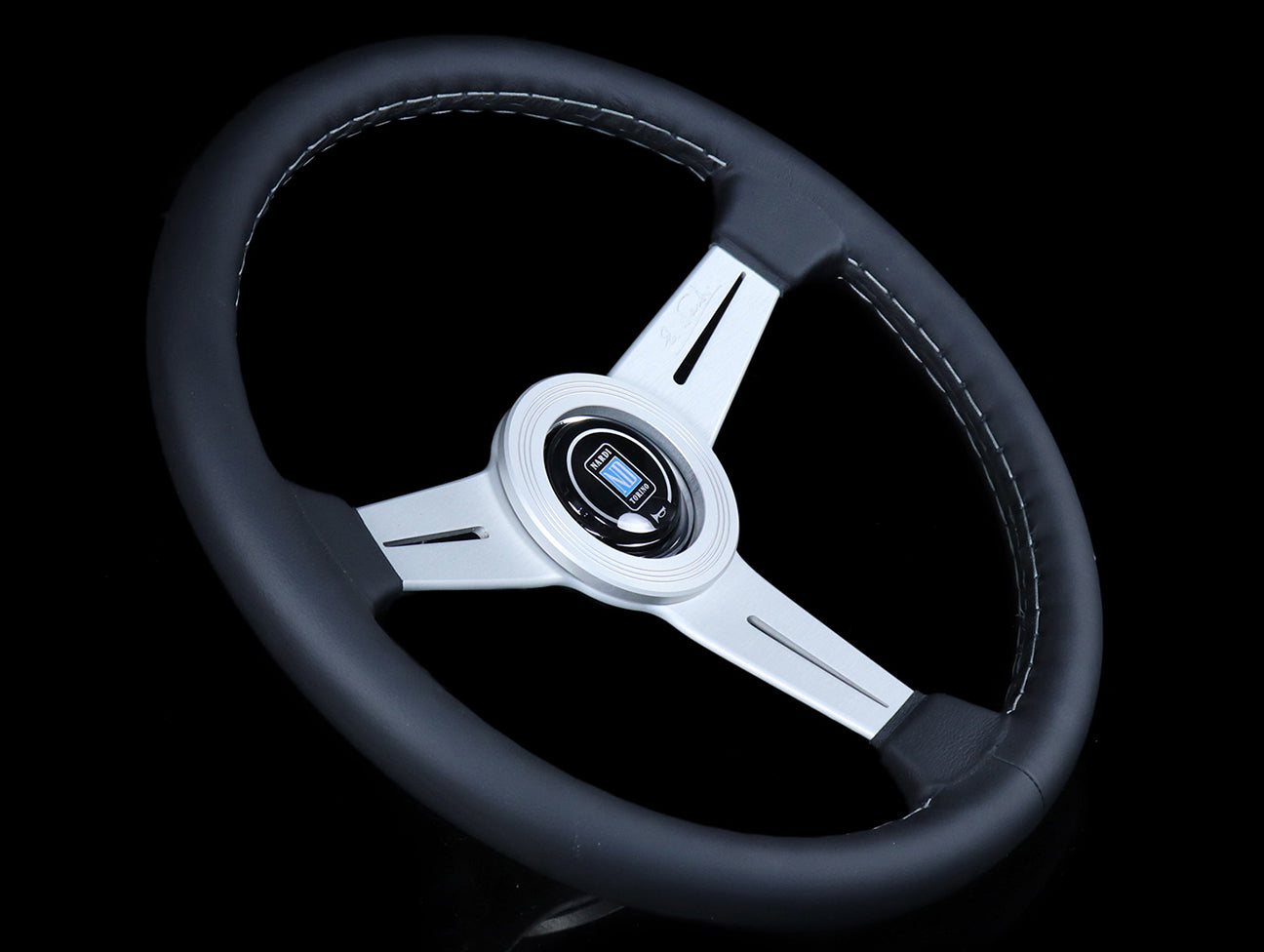 Nardi Classic 340mm Steering Wheel - Black Leather / Silver Spokes / Grey Stitch