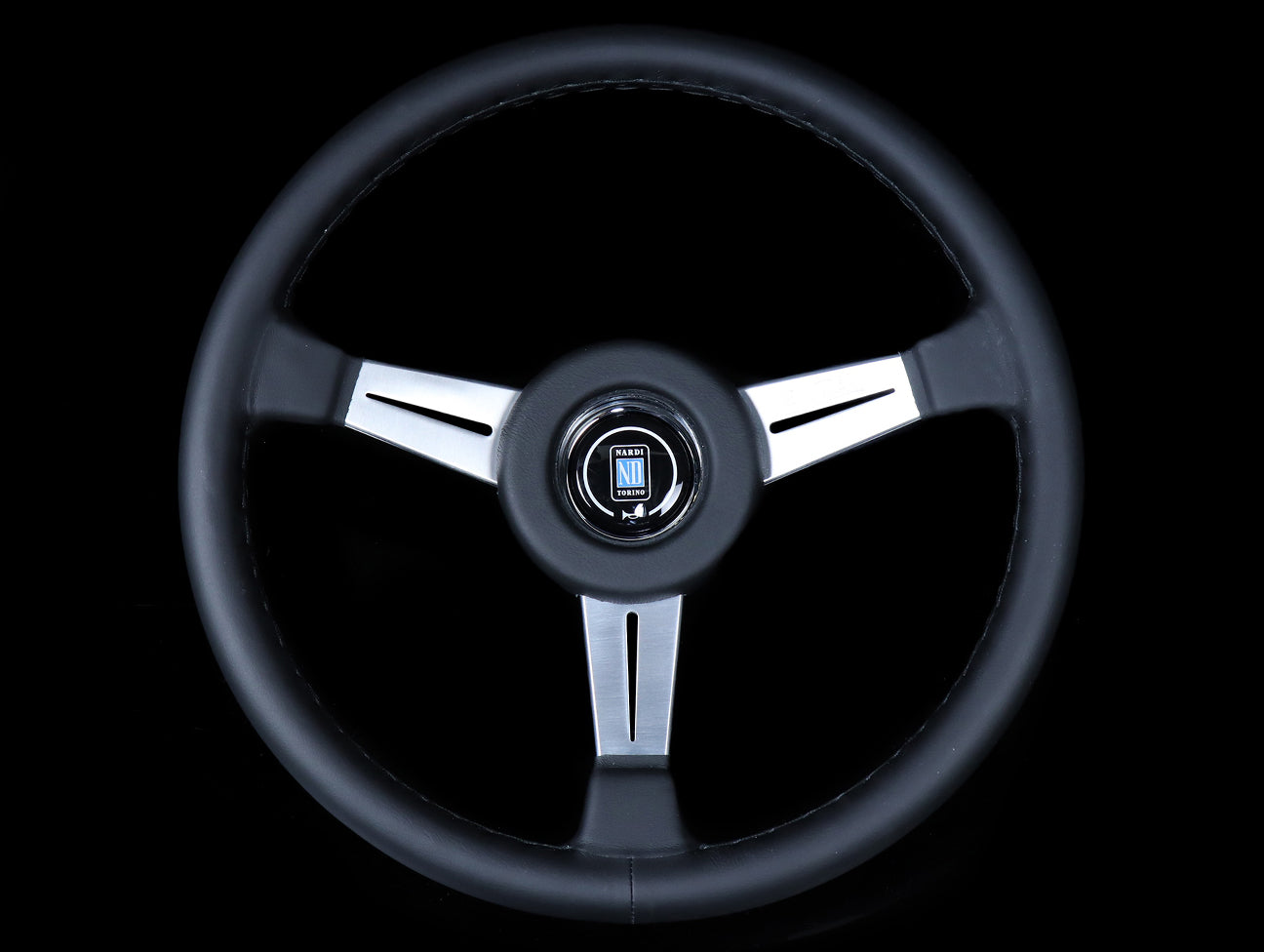Nardi Classico Satin 365mm Steering Wheel -  Black Leather / Satin Silver Spokes / Black Stitch