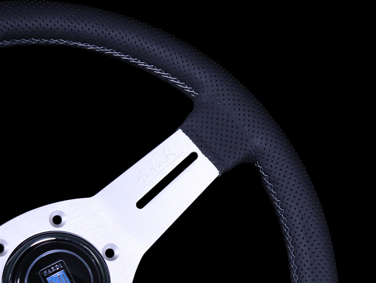 Nardi Competition 330mm Steering Wheel - Black Perforated Leather / Satin Silver Spokes / Grey Stitch