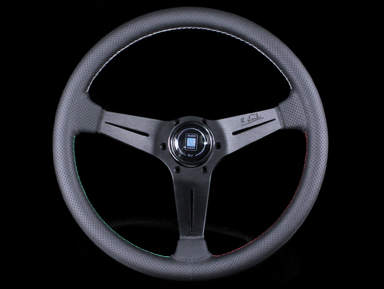 Nardi Sport Rally Deep Corn Quad Steering Wheel - Black Perforated  / Red/Green/White Stitch