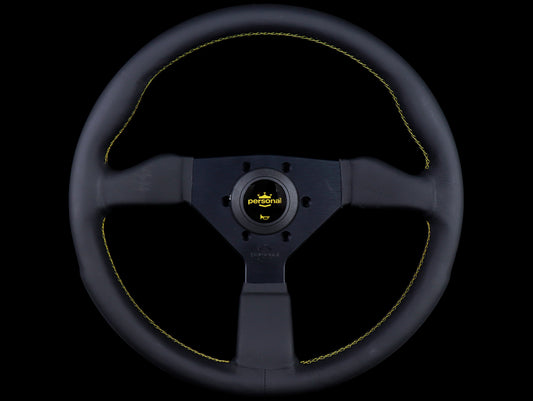 Personal Grinta 350mm Steering Wheel - Black Leather / Yellow Stitch
