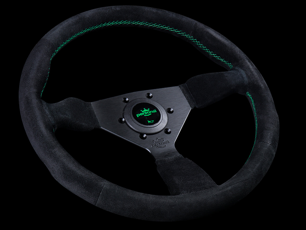 Personal Neo Grinta 350mm Steering Wheel - Black Suede / Green Stitch