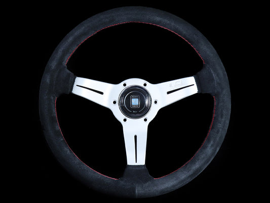 Nardi Deep Corn Sport Rally Steering Wheel w/ Silver Spokes - 330mm Black Suede / Red Stitch