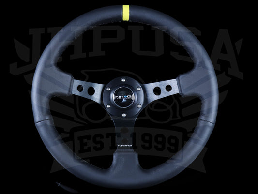 NRG Deep Dish Sport Steering Wheel - 350mm Black Leather / Yellow Marker / Black Stitch