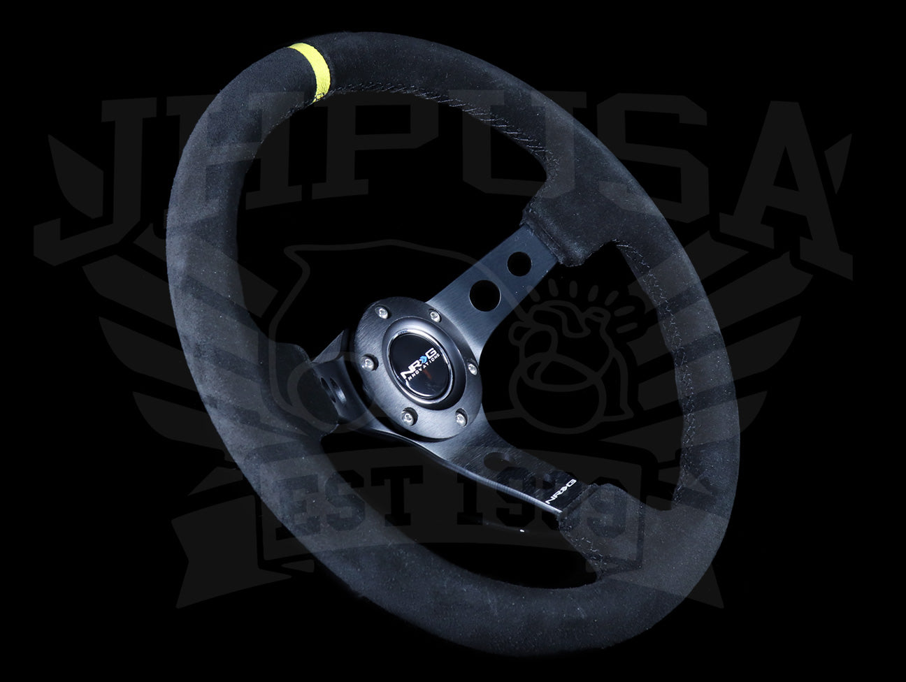 NRG Deep Dish Sport Steering Wheel - 350mm Black Suede / Yellow Marker / Black Stitch